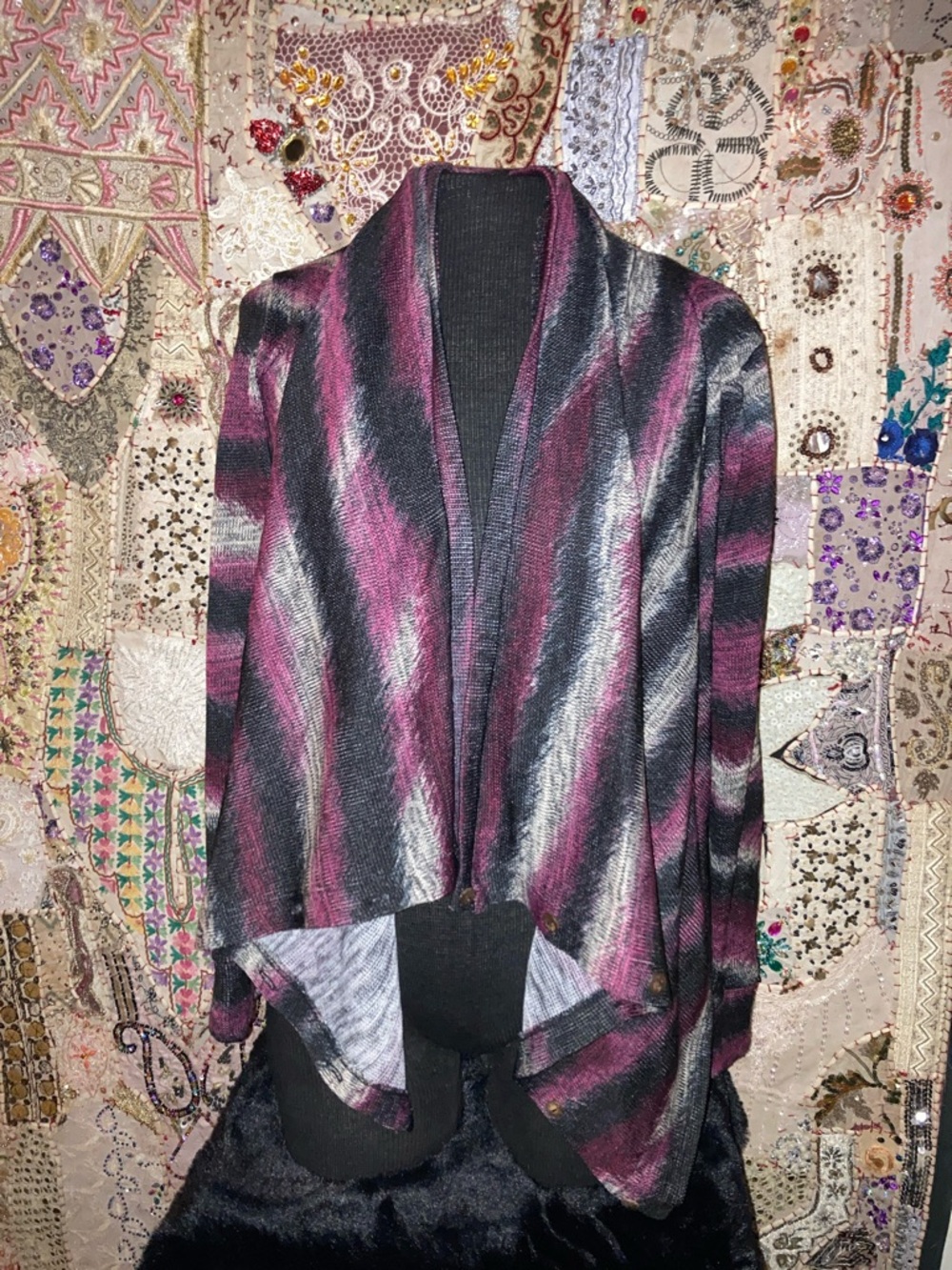 Open-Front Striped Women's Cardigan - Plum, Black & Gray